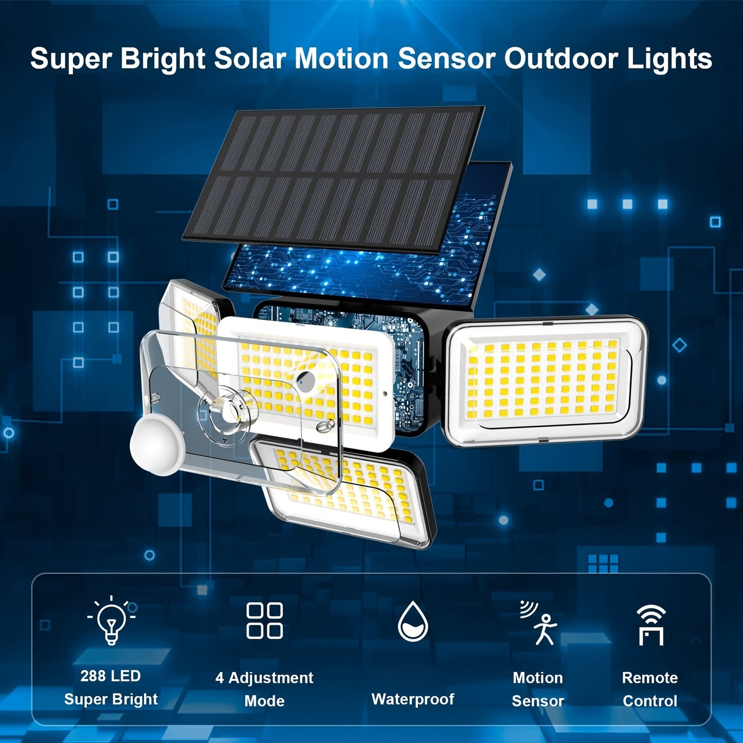 2Pcs Super Bright Extra Wide Solar Motion Sensor Outdoor Light, Floodlight, Security Light, Four Adjustment Modes, Four Light Heads, 270° Lighting Angle, Remote Control, For Yard, Garage, Porch