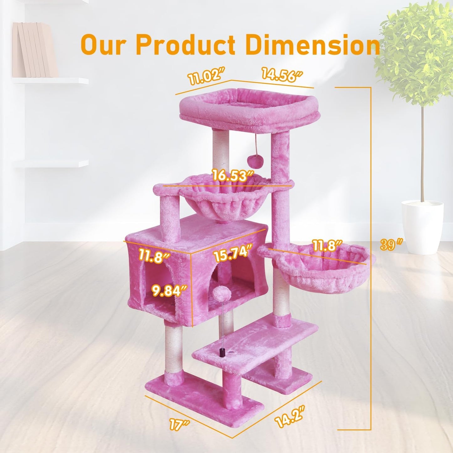 Cat Tree Cat Tower Condo with Sisal Scratching Post for Indoor Cats Cat Tree Cat Furniture with Hammock Perch and Kitten Ball Toys, Multi-Level Pet Activity Center Pink