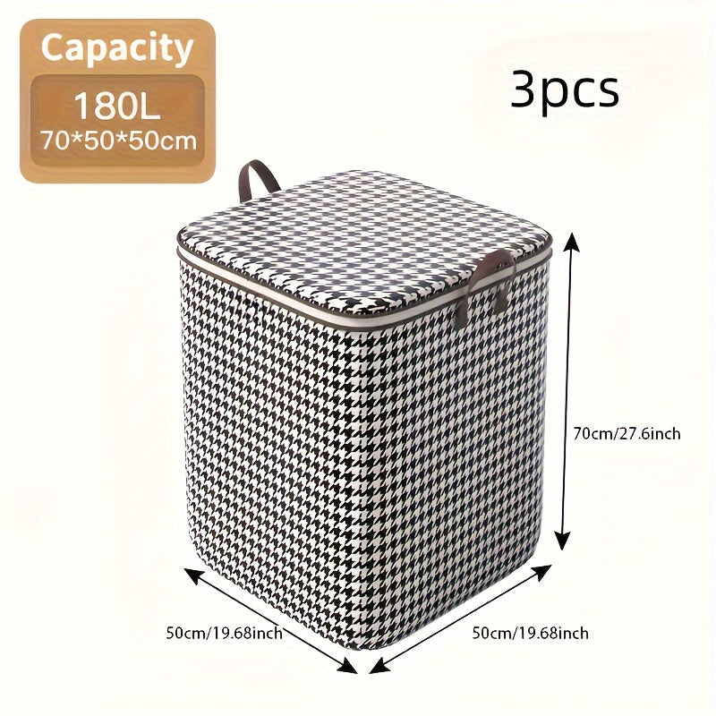 3 Pack of Extra Large 47.55gal Houndstooth Thickened Storage Containers for Household Large Capacity Clothes Quilt Storage Bucket Dustproof and Moisture Resistant Bag Double Zipper with Handle Storage Box Moving & Travel Storage Basket Ideal Storage Bask