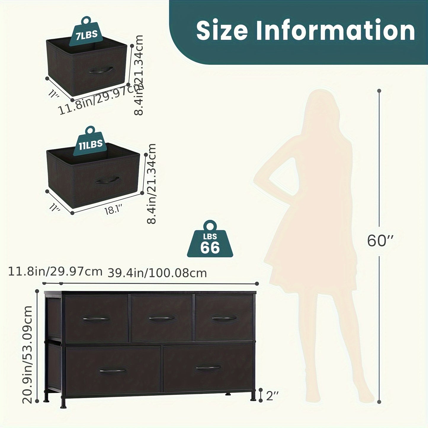 Dresser for Bedroom With 5 Fabric Drawers, Tall Chest Organizer Units For Clothing, Closet, Living Room, Storage Tower With Cabinet, Metal Frame, Wooden Top, Lightweight Furniture, 39.4 x 11.8 x 20.9 IN