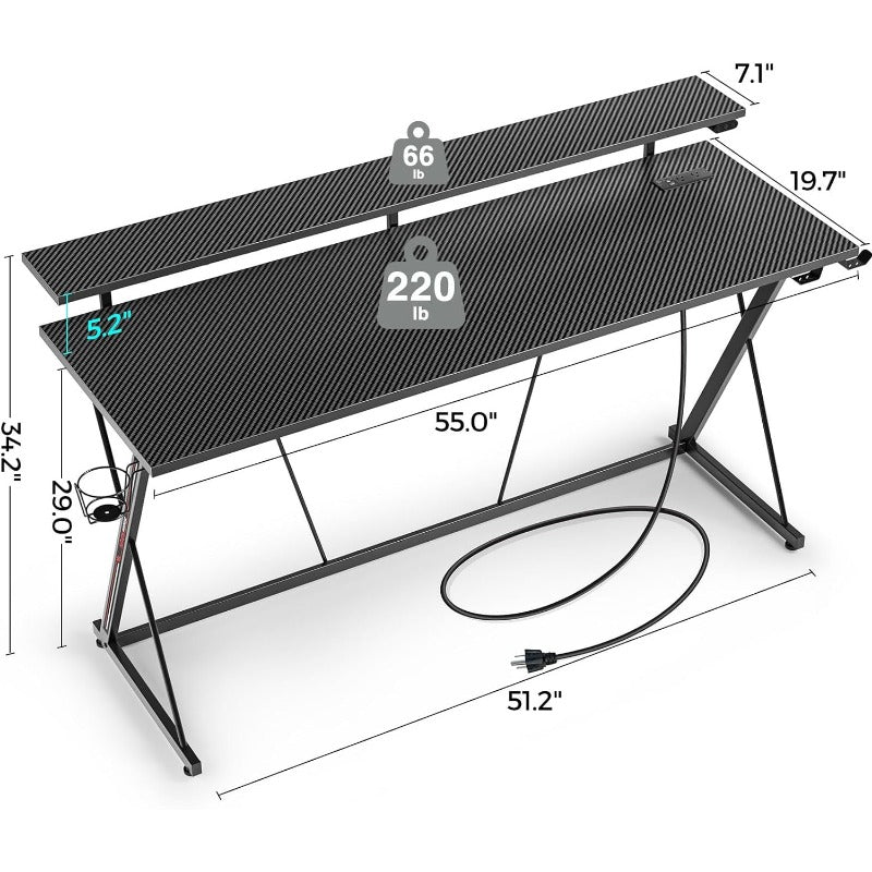 Gaming Desk with LED Lights & Power Outlets, 31.5/39.4/47/55in Computer Desk with Monitor Shelf, Home Office Desk with Cup Holder and Headphone Hook, Ergonomic