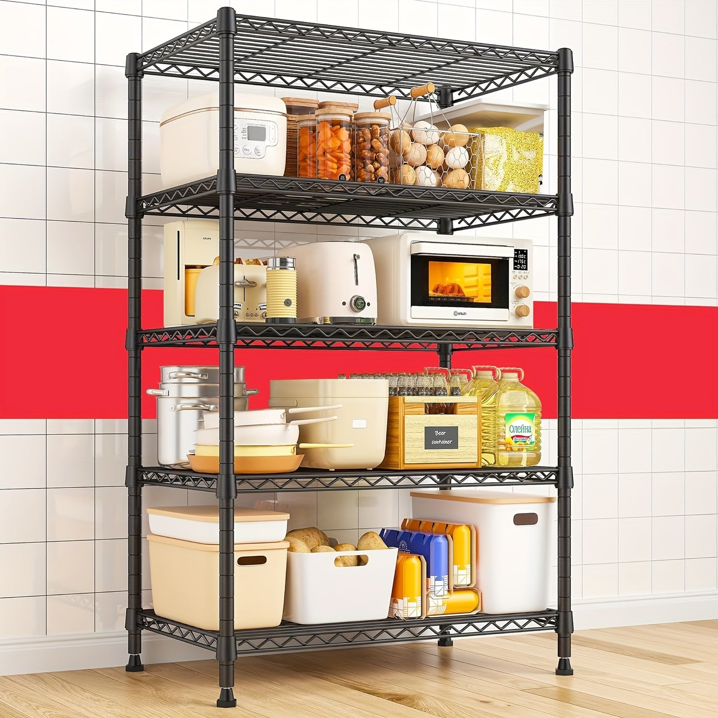 5-Tier Shelving Units 62" Adjustable Storage Shelves Sturdy Wire Shelf Adjustable Metal Shelves Detachable Storage Rack For Kitchen Laundry Living Room Heavy Duty Organizers And Storage Shelf, 11.6"D X 21.5"W X 62.5"H