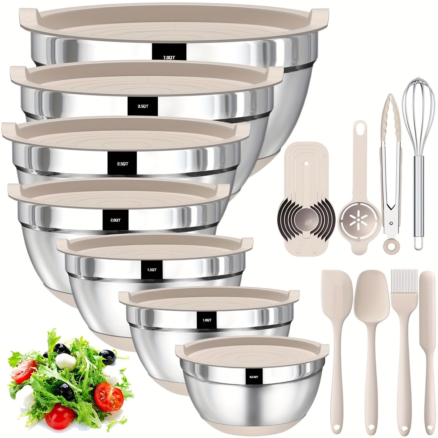 20 Piece Stainless Steel Bowls With Airtight Lids, Non-Slip Colorful Silicone Bottom, Size 7, 3.5, 2.5, 2.0, 1.5, 1, 0.67QT, Great For Mixing, Baking, Serving