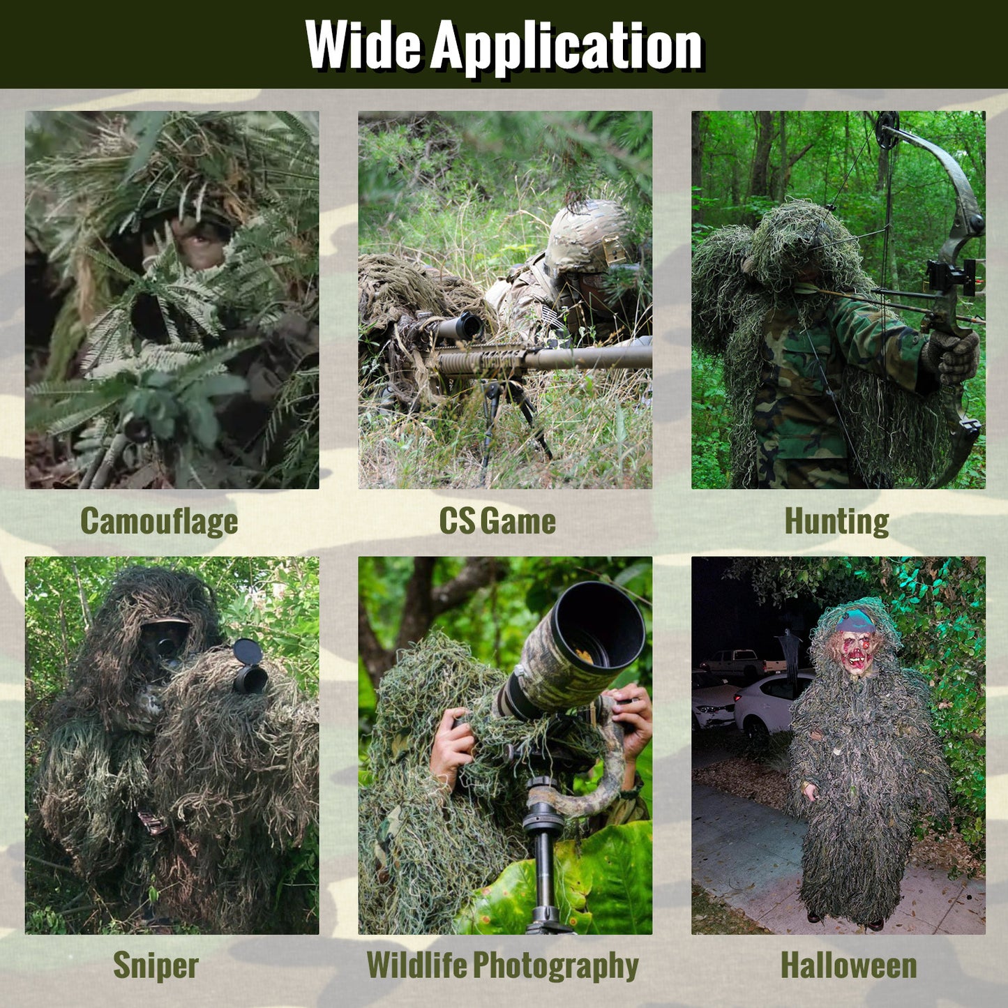 6 in 1 Ghillie Suit,Jungle greendesert yellow 3D Camouflage Hunting Apparel Including Jacket, Pants, Hood, Carry Bag and Camo Tapes Bushman Costume Suitable for Men, Hunters