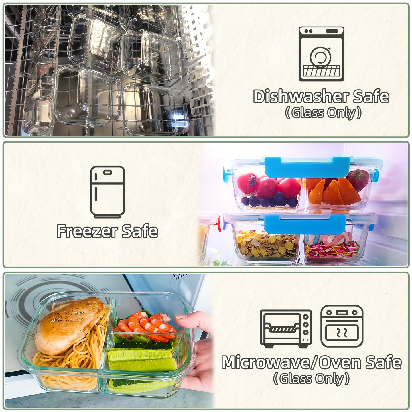 5-Pack Premium Borosilicate Glass Meal Prep Containers Set - 2/3 Grids, Leakproof Airtight Lids, BPA-Free, Durable, Stain-Resistant, Easy-to-Clean, and Stackable Glass Bento Boxes for Healthy Food Storage