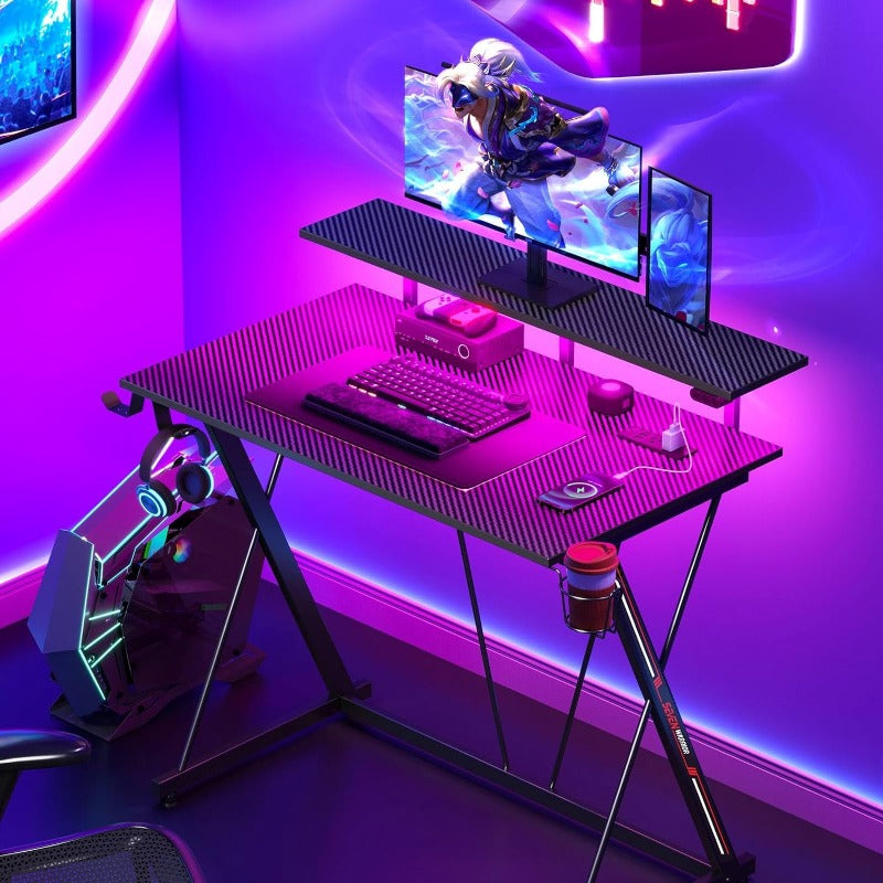 Gaming Desk with LED Lights & Power Outlets, 31.5/39.4/47/55in Computer Desk with Monitor Shelf, Home Office Desk with Cup Holder and Headphone Hook, Ergonomic