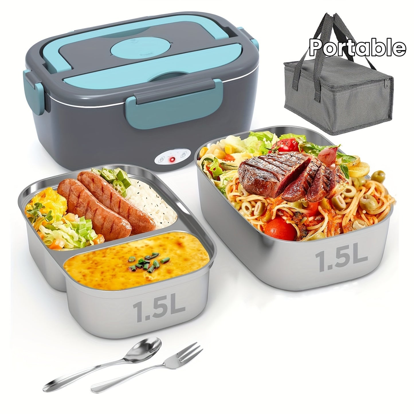 Electric Lunch Box - Portable Fast Heating Lunch Box (12V/24V/110V) - 1.5L Stainless Steel Container Adult Food Warmer - Suitable for Cars, Trucks, Offices and Outdoors (Green)