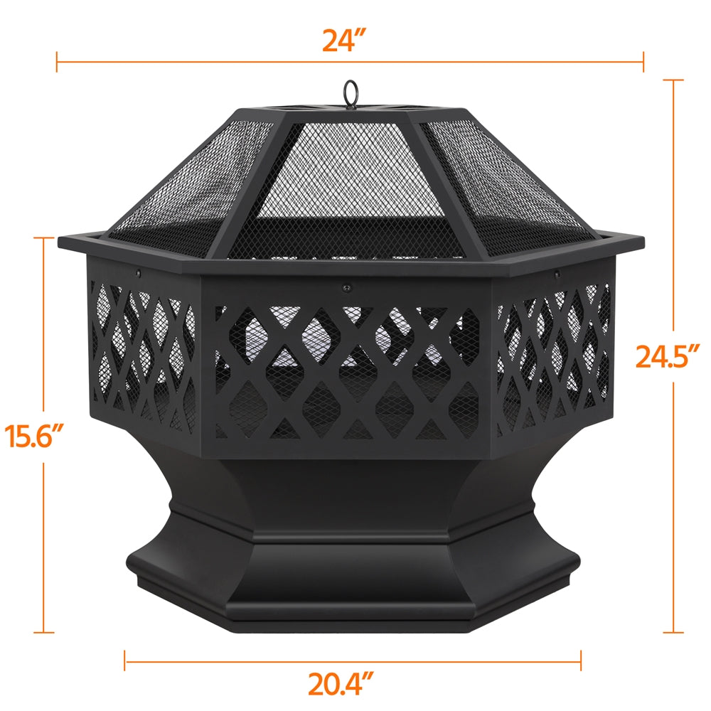 24in Hex Shaped Fire Pit Bowl with Spark Screen & Poker