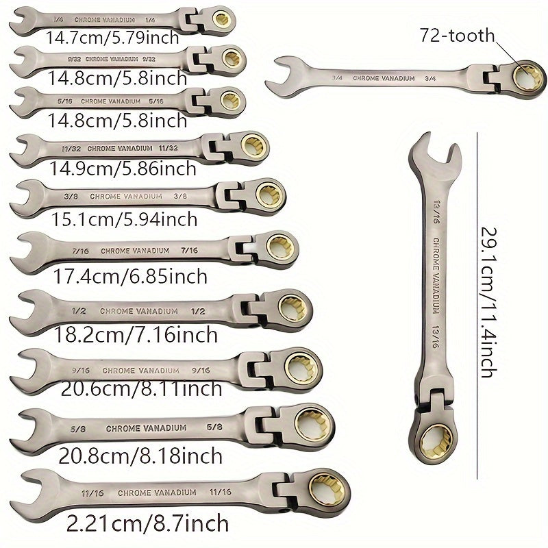 8pcs Flex Head Ratchet Combination Wrench Set, Black Nickel Sandblasted Movable Head Wrench Set, 13/16-1/4-Inch, 72-Tooth, Cr-V Construction, Comes with Roll-Off Pouch