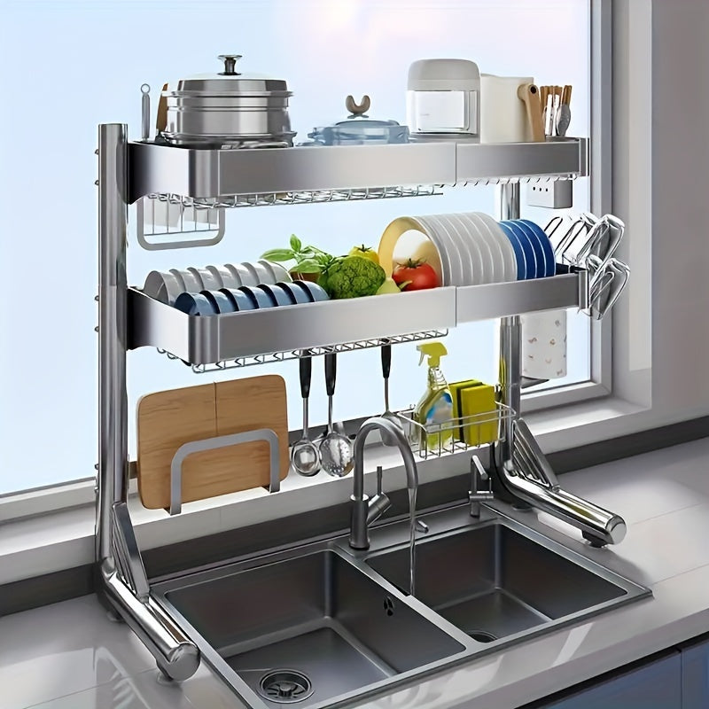 3- Tier/ 2- Tier Stainless Steel Dish Rack, Kitchen Organizer Over The Sink, Adjustable Length (25'' To 36'' ), Kitchen Cleaning Supplies Organizer