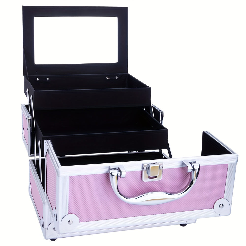 Portable Aluminum Makeup Train Case - Durable Cosmetic Organizer with Built-in Mirror, Multiple Trays, and Carry Handle - Ultra-Portable Jewelry Box for On-the-Go Use