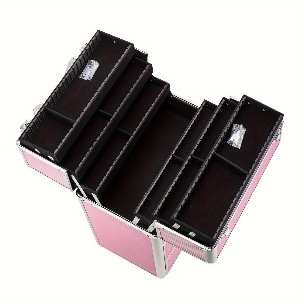 Stylish Pink Lockable Cosmetic Makeup Case with 4 Tiers & Extendable Trays - Spacious, Secure, and Chic