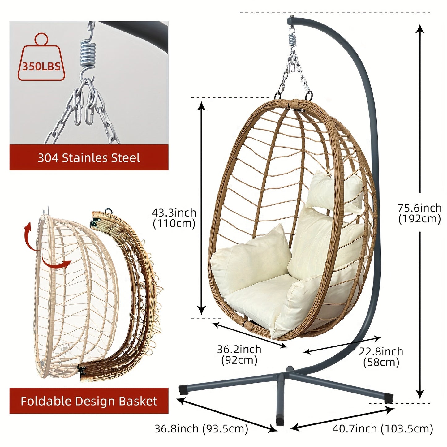 Egg Chair With Stand Outdoor Foldable Patio Wicker Hanging Swing Chairs 350LBS Capacity For Patio, Porch, Balcony, Bedroom