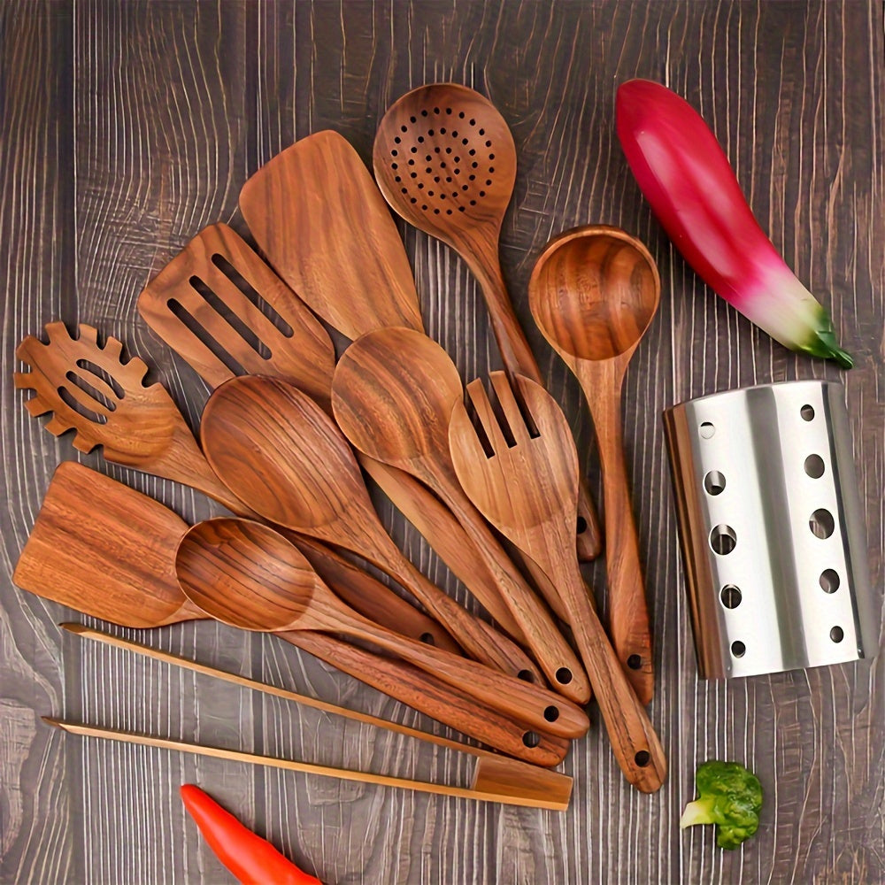 Wooden Spoons For Cooking, Teak Wood Kitchen Utensils Set For Non Stick Use, Spatula Set For Stirring, Baking, Non Stick Wooden Utensils For Kitchen