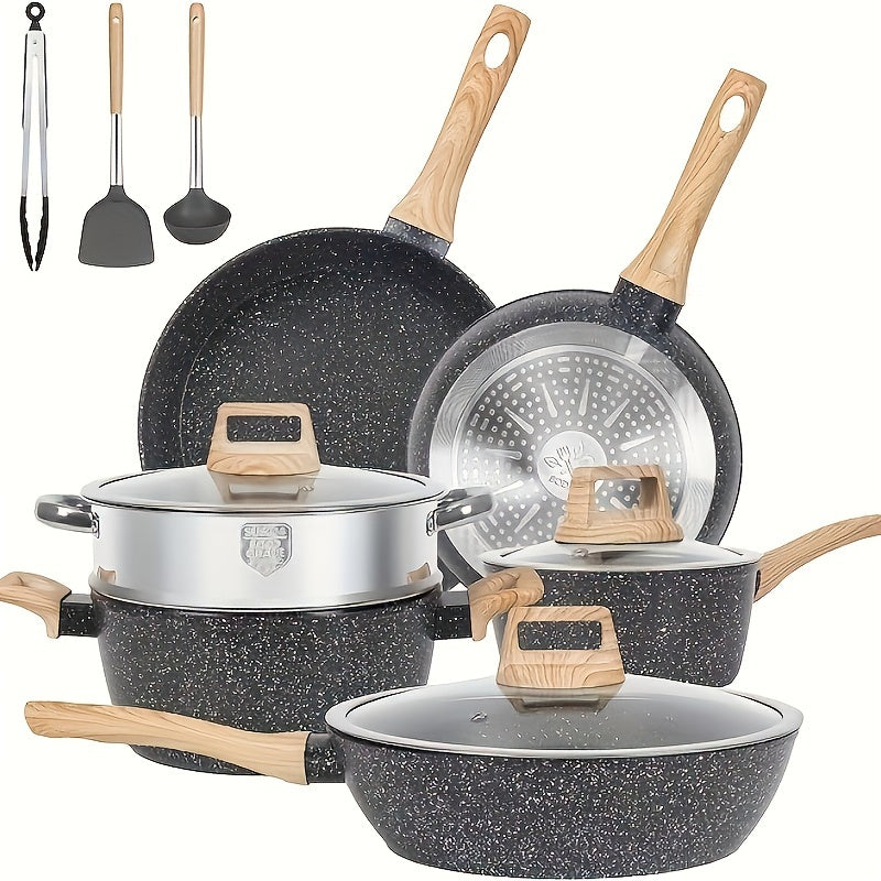 12 POTS and pans Set, Non-stick Cookware Set, Induction Cookware Non-stick Granite Cooking Set, including frying pan, pan, steamer, silicone spatula and tongs