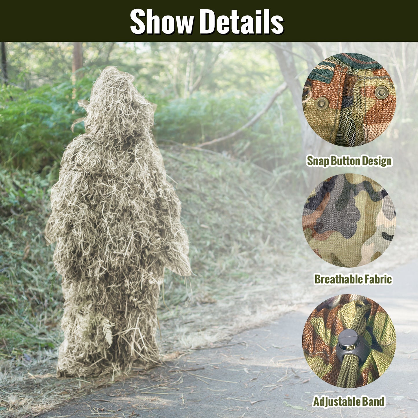 6 in 1 Ghillie Suit,Jungle greendesert yellow 3D Camouflage Hunting Apparel Including Jacket, Pants, Hood, Carry Bag and Camo Tapes Bushman Costume Suitable for Men, Hunters