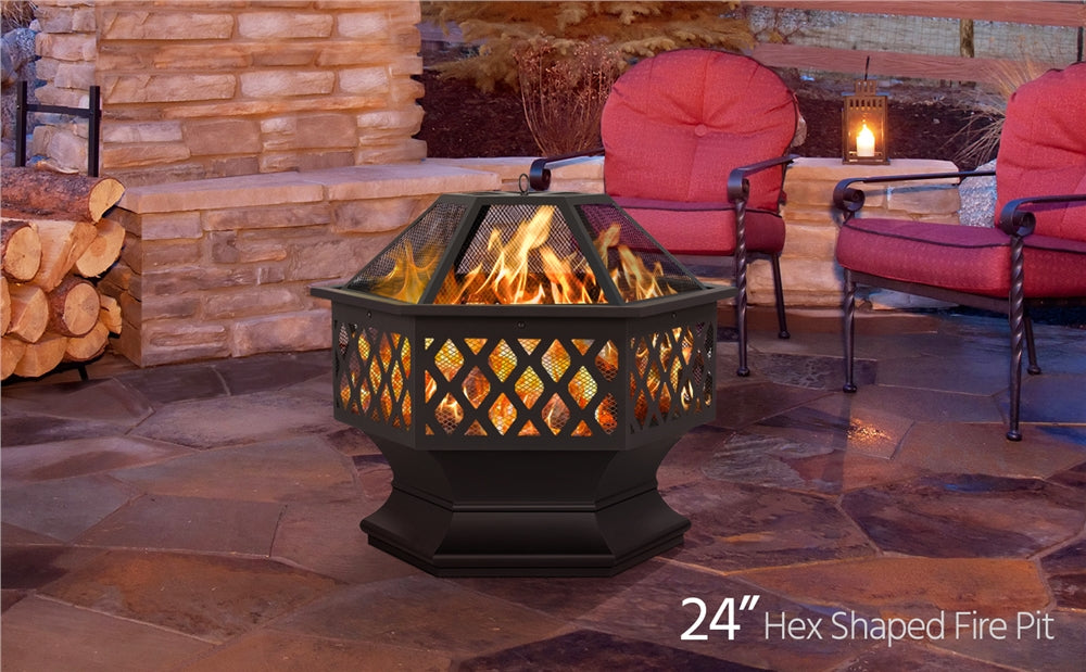 24in Hex Shaped Fire Pit Bowl with Spark Screen & Poker