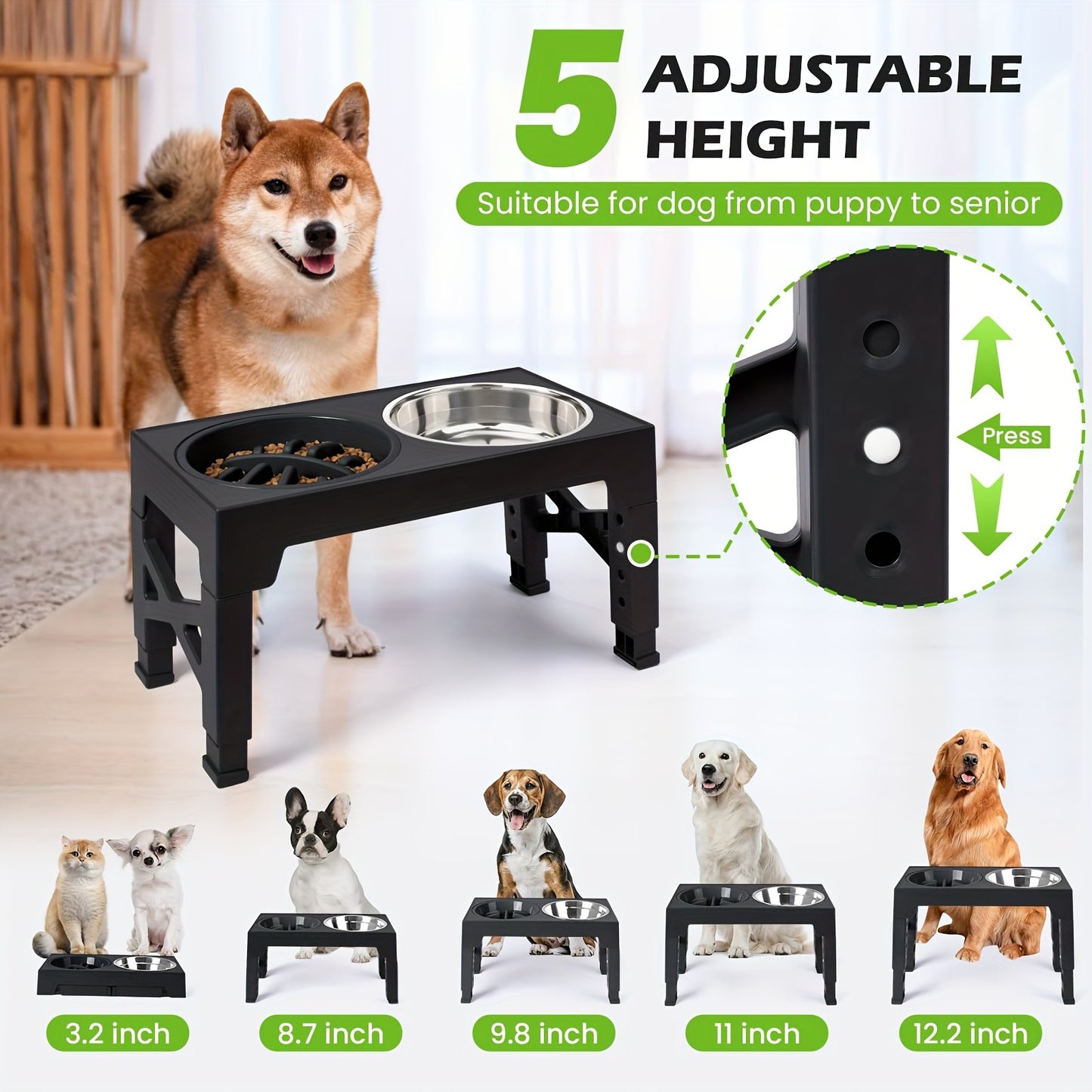 Elevated Dog Bowls, 5 Adjustable Heights Raised Dog Bowl Stand, With 2 Stainless Steel Dog Food Bowls And 1 Slow Feeder Dog Bowl, Adjusts To Height 3.2" To 12.2" For Small Medium Large Dogs