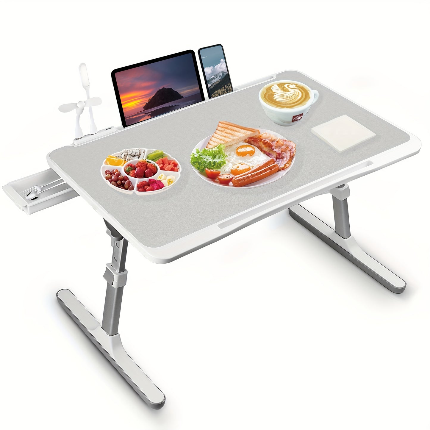 Lap Desk Bed Tray Table, Adjustable Laptop Stand For Bed With USB/ Light/ Fan/ Drawer, Portable Laptop Desk Table For Bed/ Couch/ Sofa/ Reading/ Writing, Bed Trays For Eating And Laptops (Silver Gray)