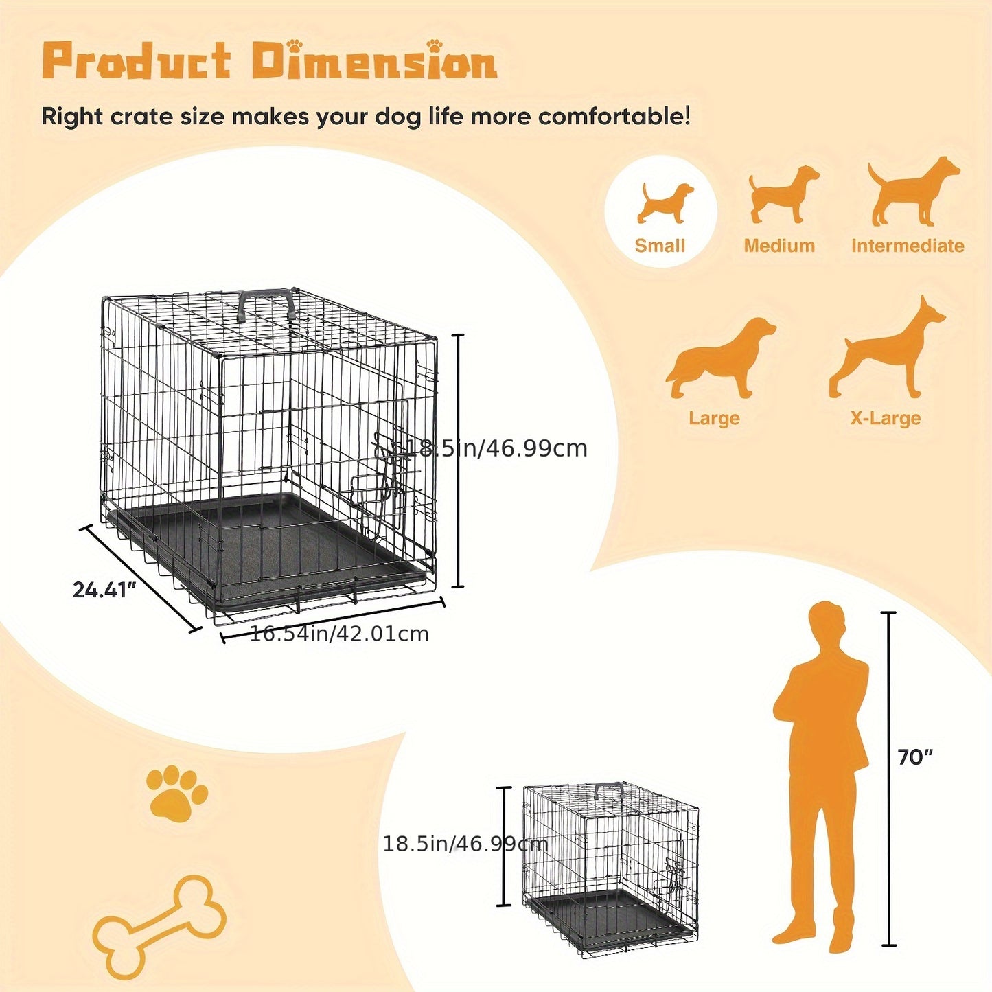 Dog Crate with Divider Panel Double Door, Folding Metal Wire Dog Cage with Plastic Leak-Proof Pan Tray, Pet Kennel for Indoor, Outdoor, and Travel