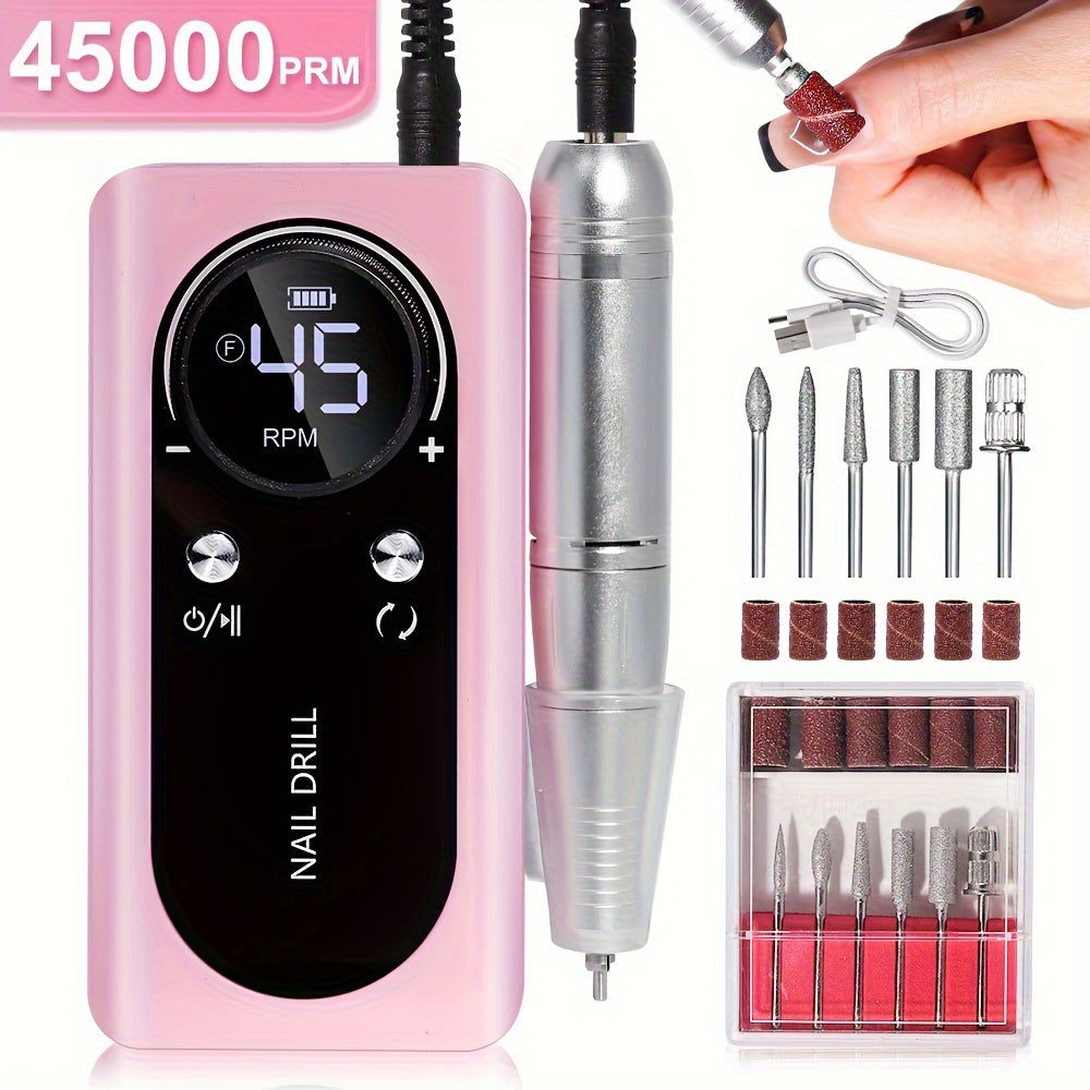 45000RPM Electric Nail Drill Machine - Ultra-High-Speed Portable Polisher with LCD Display and Multi-Functional Sander - Rechargeable Nail Tool for Acrylic Gel Polish and Salon-Quality Results