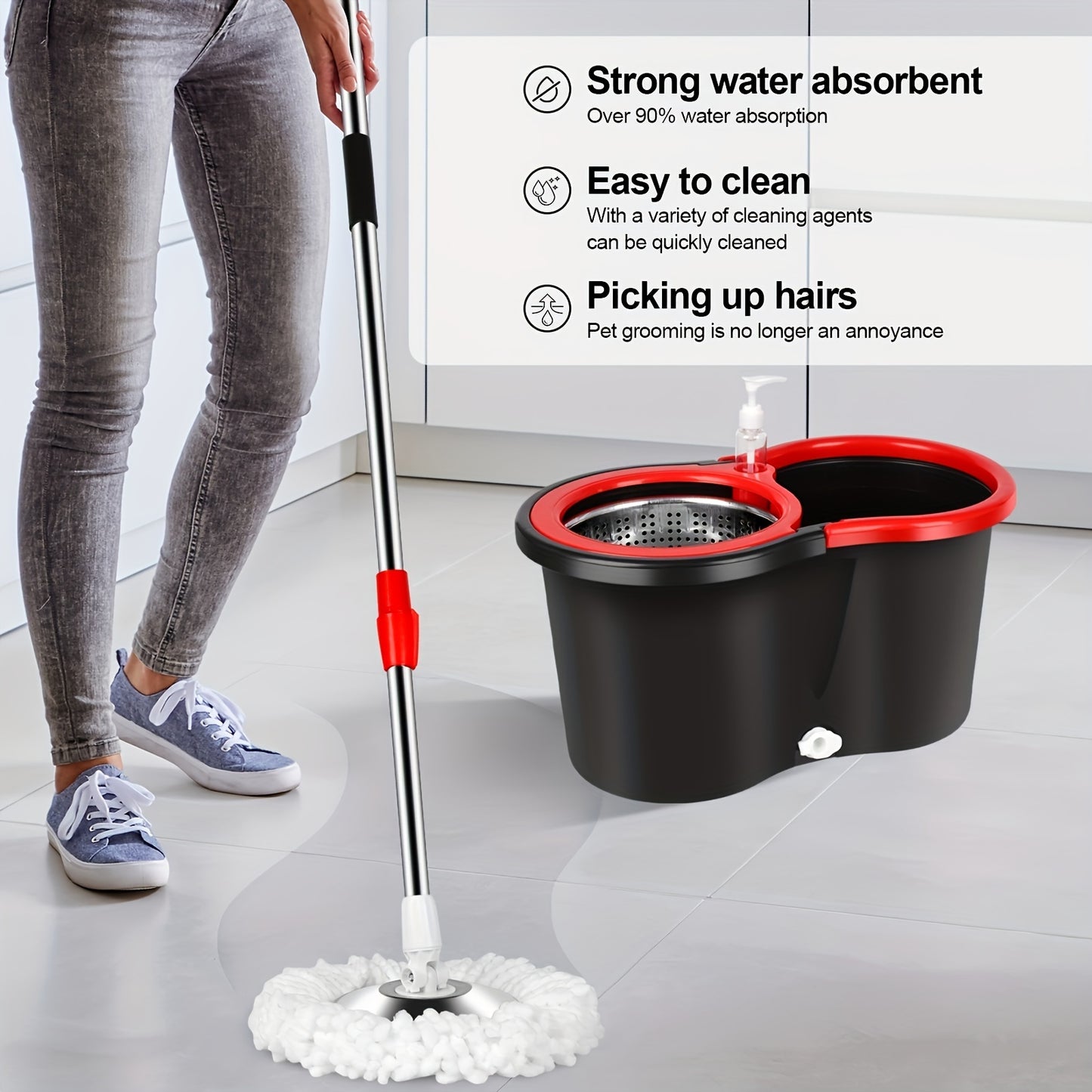 Spin Mop And Bucket With Wringer Set, Bathroom Mop Bucket, School Bathroom, 360° Spinning Mop Bucket System With 3 Microfiber Mop Replacement Heads And 61" Stainless Steel Adjustable Handle For Floor Cleaning, Bucket Floor Cleaning System