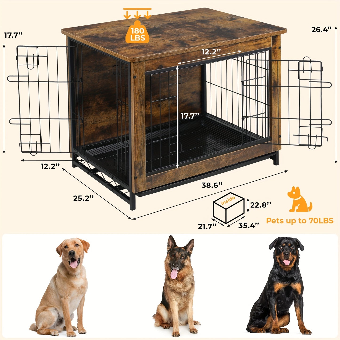 Dog Crate Furniture, 38.6" Wooden Side End Table, Modern Dog Kennel with Double Doors, Heavy-Duty Dog Cage with Pull-Out Removable Tray, Indoor Medium/Large/Small Pet House Furniture