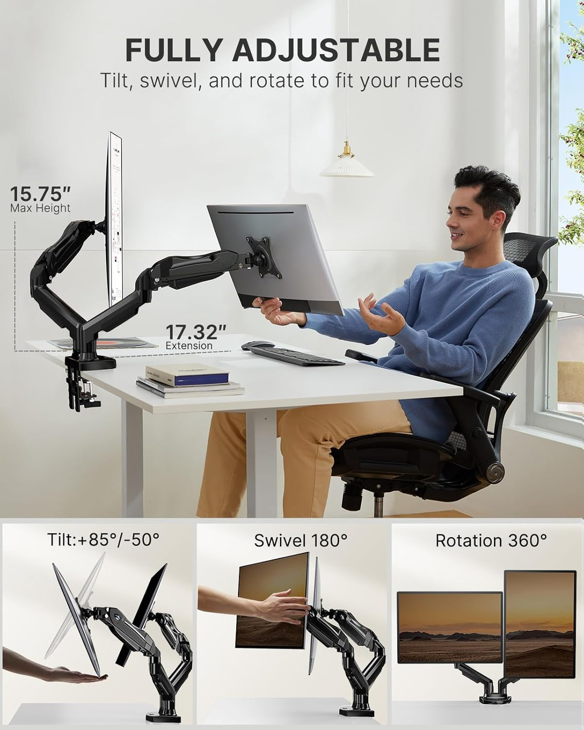 Dual Monitor Stand - Full Adjustable Monitor Desk Mount Swivel Vesa Bracket with C Clamp, Grommet Mounting Base for 13 to 30 Inch Computer Screens - Each Arm Holds 4.4 to 19.8lbs