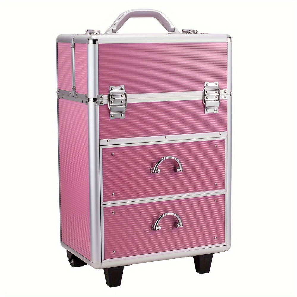 Stylish Pink Lockable Cosmetic Makeup Case with 4 Tiers & Extendable Trays - Spacious, Secure, and Chic