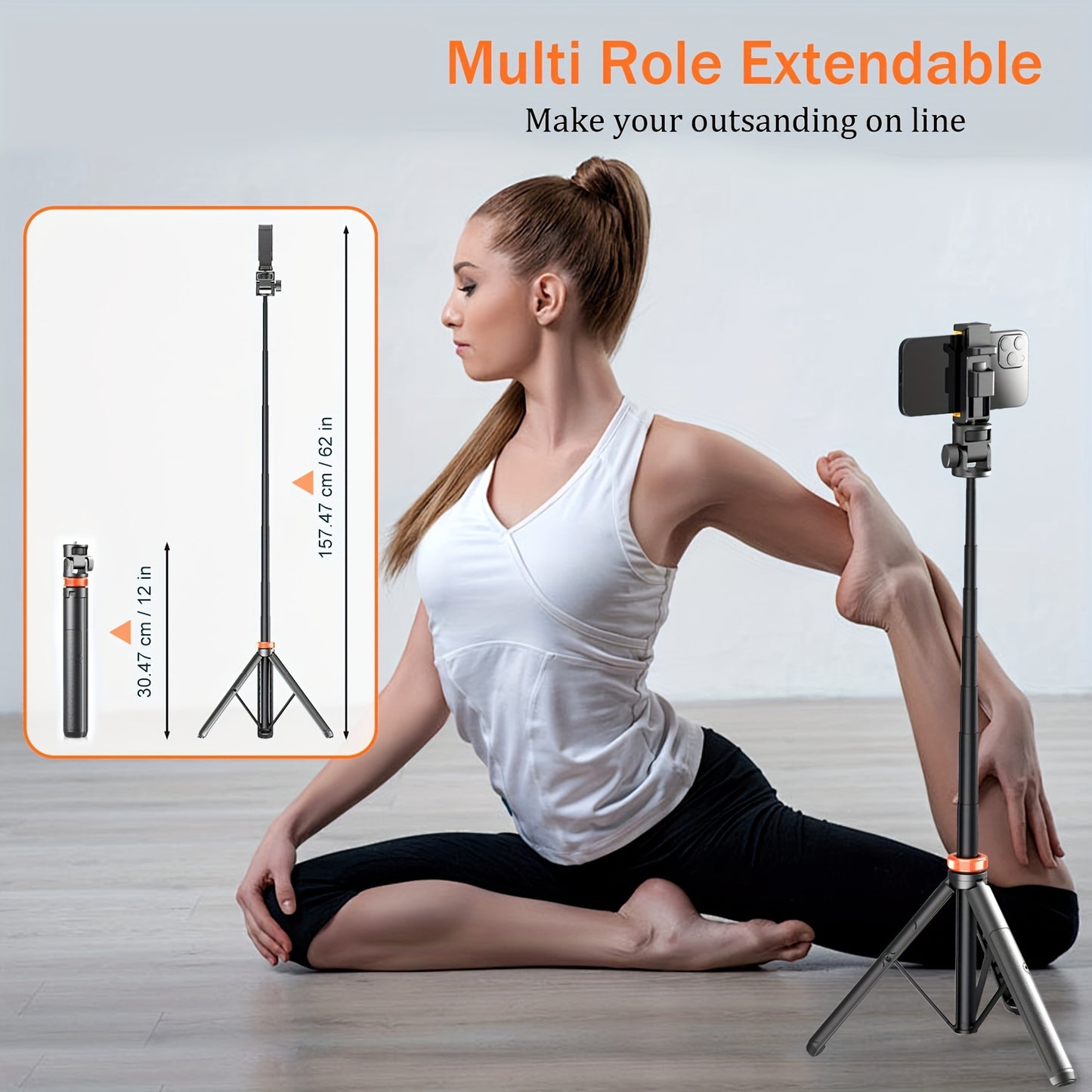 62 Inch Extra-Large Phone Tripod Stand - Wireless Remote, Retractable, Travel-Friendly, Compatible with iPhone 15/14/13, Android, and More - Battery Powered, Non-Rechargeable, Solid and Durable