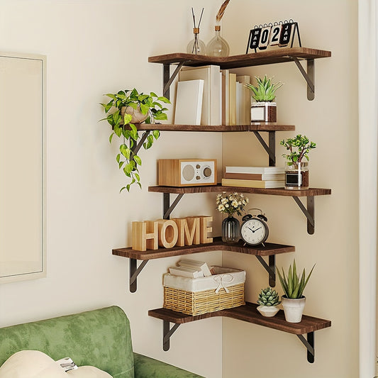 5pcs, Corner Floating Shelves, Rustic Wooden Wall Shelves For Bathroom, Kitchen, Bedroom Or Living Room, Convenient To Take, Sturdy And Reliable