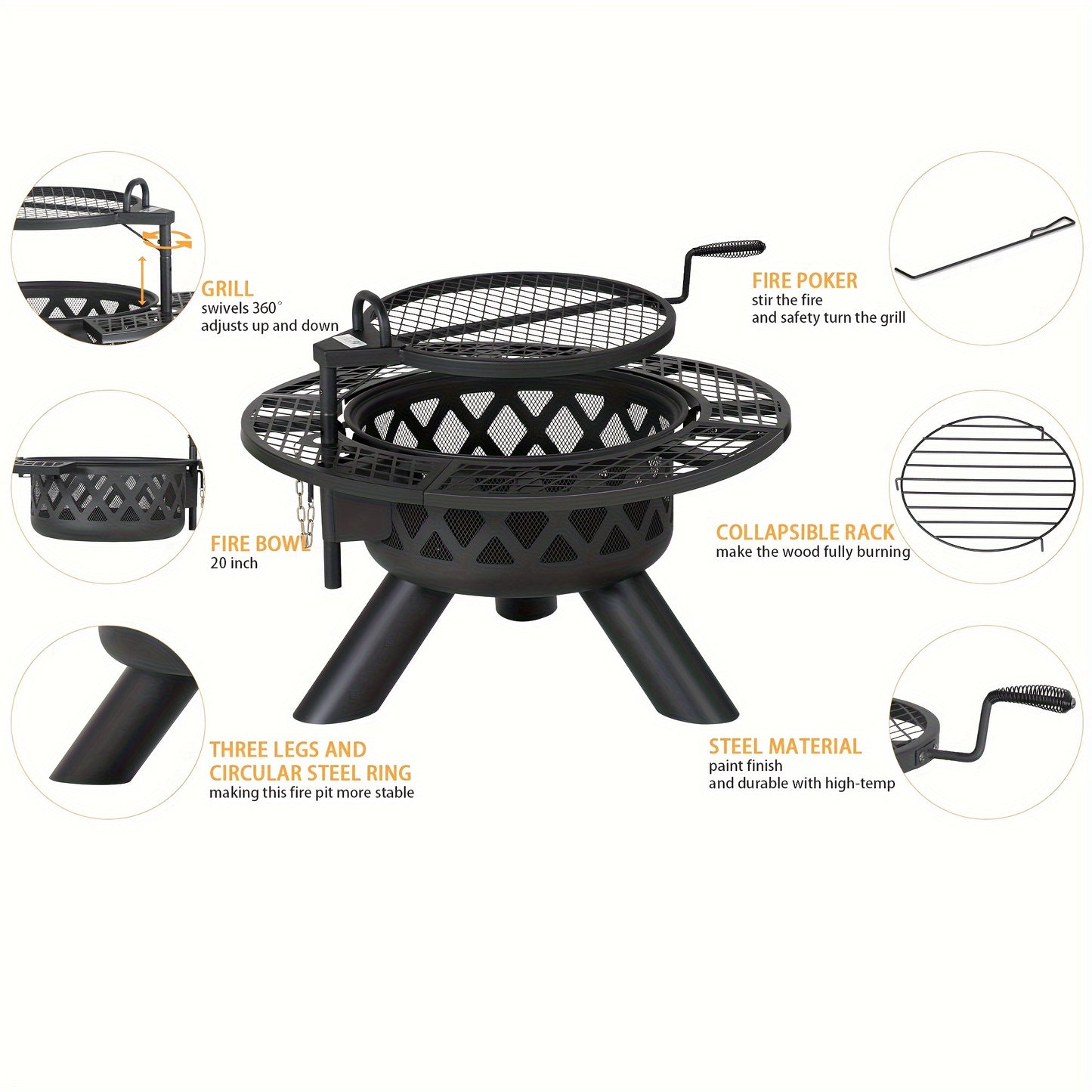 Large Round Wood Burning Fire Pit - Backyard BBQ Grill - Outdoor Gathering Centerpiece with Cooking Grate - Durable Black Finish - Perfect for Camping, Patio, or Garden