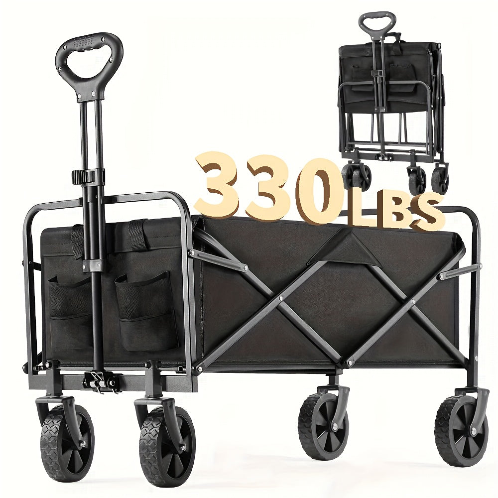 220LBS/330LBS Folding Wagon Cart, Heavy Duty Utility Portable Foldable Outdoor Beach Garden Cart With 360°All Terrain Wheels, Side Pockets, Large Capacity Collapsible Wagon For Camping, Sports, Yard, Lawn And Gardening