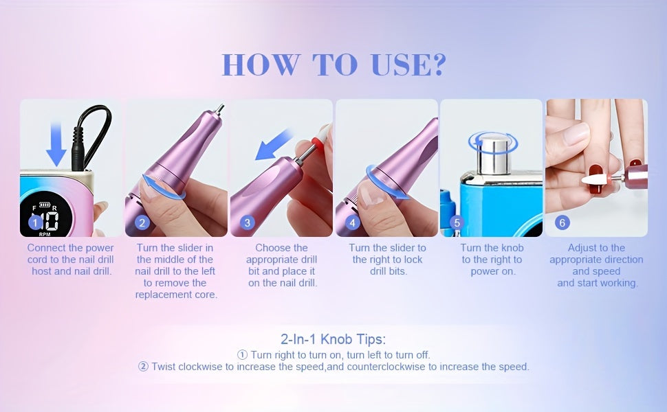 Electric Nail Drill Professional: 40000RPM Powerful Electric Nail File Portable Nail Drill with 12 Drill Bits Rechargeable Efile for Acrylic Gel Nails Removing Manicure Pedicure Salon