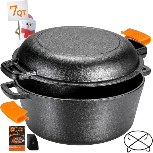 5.1 Quart Cast Iron Dual-Purpose Dutch Oven Set: Pot & 1.9 Quart Convertible Lid (Doubles As Skillet) With Silicone Handles & Iron Stand